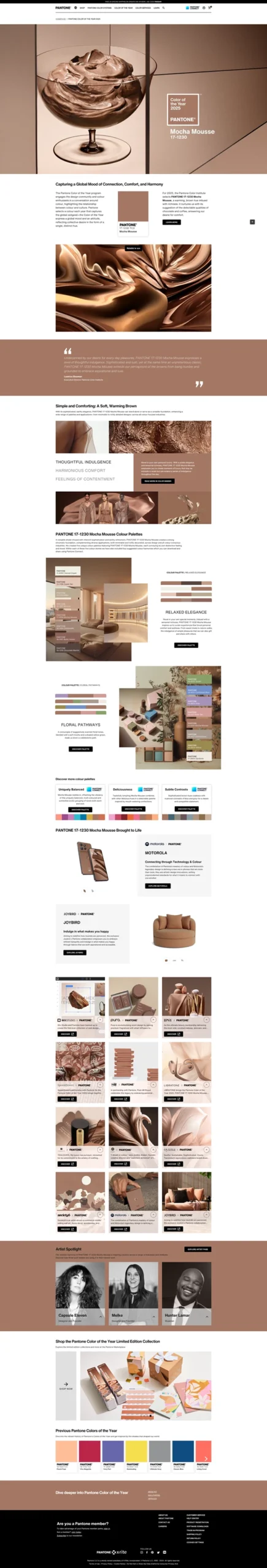 Page web de la couleur de l'année 2025 selon Pantone - Mocha Mousse - Capture d'écran